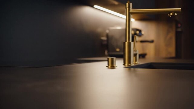 Sleek kitchen counter with a golden faucet set flanked by two smaller golden fixtures against a dark backsplash with warm strip lighting and a beverage appliance