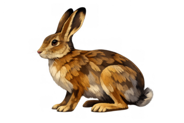 Brown rabbit with long ears standing, illustrating wildlife mammal with winter fur, isolated transparent background