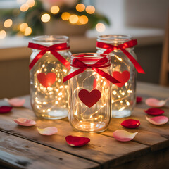 Mason Jar Valentine Lights with Heart Tags &mdash; Romantic DIY Mason Jar Lanterns with Fairy Lights and Rose Petals for Wedding or Home Decor