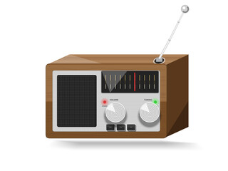 Vintage Retro Radio Illustration with Antenna, Classic Wooden AM FM Receiver Isolated on White Background