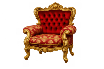 Royal red velvet throne chair with ornate gold frame, symbolizing power, luxury, and vintage elegance, on a transparent background