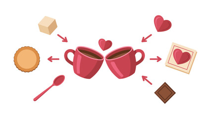 Coffee Celebration of Sweetness: Two coffee cups sharing a moment in togetherness with small cookies, sugar, and chocolate on a love day.