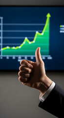 A person makes a thumbs up in front of monitor displaying a rising green chart, representing success, appreciation, and positive business trends