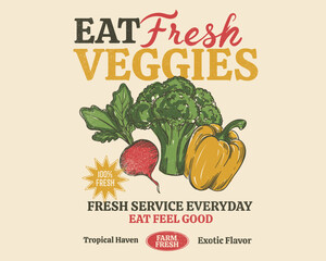 Fresh Veggies hand drawing. broccoli, capsicom, beetroot vegetable illustration. typography  vegetable slogan artwork. summer veggies t-shirt sweatshirt design.