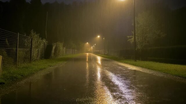 Rainy night street beneath yellow glow of streetlights with reflections on wet pavement