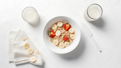 A bowl of oatmeal with sliced bananas and strawberries surrounded by glasses of milk on a white table