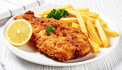 Crispy fried fish with French fries and lemon wedge. AI