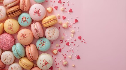 Sweet dessert arrangement with heart shaped sprinkles on pastel background.