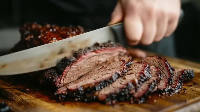 Cutting cooked meat on a wooden board close up shot