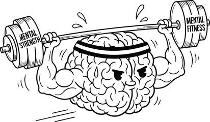 Brain lifting weights exercising mental strength and fitness concept black and white doodle vector illustration 