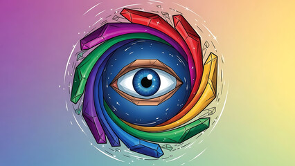 Vibrant crystal swirl surrounds mystical blue eye with rainbow colors on gradient background with mystical eye and vibrant illustration and spiritual symbol