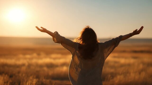 A woman stands in a golden field at sunset, arms wide open, embracing the warmth and freedom. The tranquil scene symbolizes peace, joy, and a connection with nature.