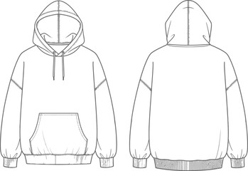 Classic Hoodie technical fashion illustration. hoodie vector template illustration. front and back view. oversized. drop shoulder. unisex. white color. CAD mockup  © Alpona
