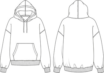 Classic Hoodie technical fashion illustration. hoodie vector template illustration. front and back view. oversized. drop shoulder. unisex. white color. CAD mockup  © Alpona