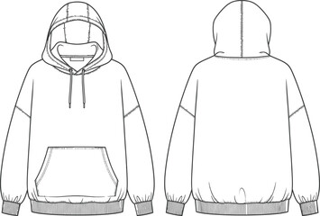 Classic Hoodie technical fashion illustration. hoodie vector template illustration. front and back view. oversized. drop shoulder. unisex. white color. CAD mockup  © Alpona