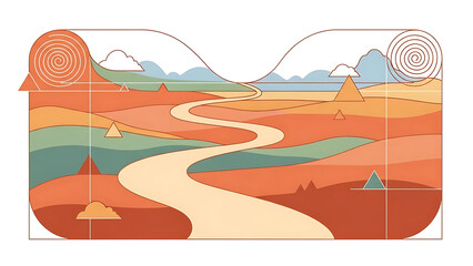 Vibrant desert landscape with winding road and pyramids, abstract illustration of sandy hills and mountains under cloudy sky with adventure and travel