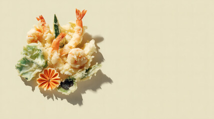 Authentic Japanese Shrimp and Vegetable Tempura Platter on Neutral Background