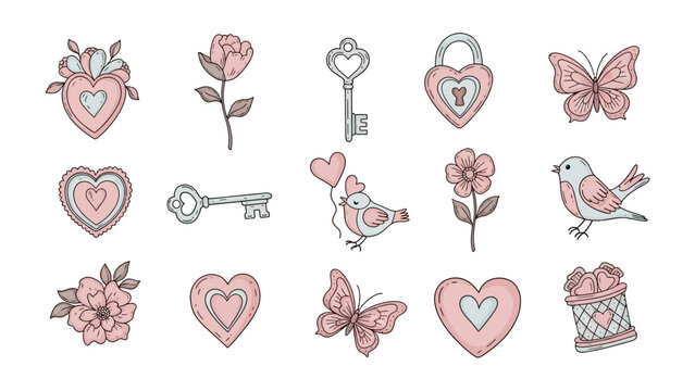 Sweet Emblems of Affection: An illustration showcases a collection of delicate symbols, each whispering tales of love, romance, and heartfelt devotion, perfect for conveying tender sentiments.