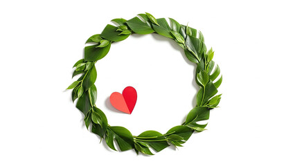 Green tropical leaf wreath with red paper heart isolated on white background
