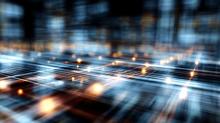 A blurred abstract composition of interconnected lines and glowing orbs in a futuristic display