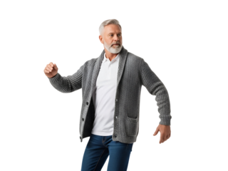 Handsome Mature Man with Gray Hair and Beard in Gray Cardigan Casual Poses Isolated on White Background