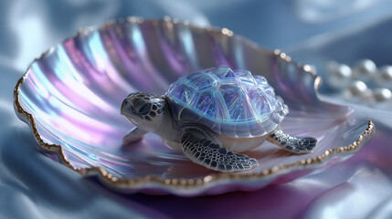 Futuristic sea turtle with crystal shell resting in iridescent clam on silk with pearls, dreamy and surreal atmosphere.
