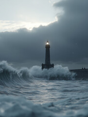 Dramatic stormy ocean waves crashing against a lighthouse under dark cloudy skies at dusk, beacon shining through the mist.
