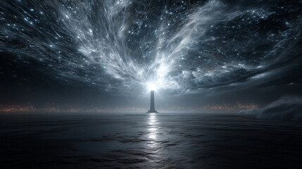 Surreal lighthouse in vast ocean under cosmic sky with glowing stars and swirling galactic nebula, fantasy sci-fi landscape.