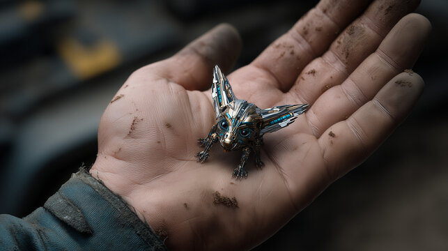 Dirty hand holding a tiny robotic creature with big eyes and metallic wings, blending tech and animal features.