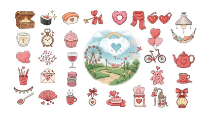 Valentine's Day Icon Clutter: A diverse collection of heart-themed icons and charming illustrations evokes feelings of love, romance, and joyful celebration. 