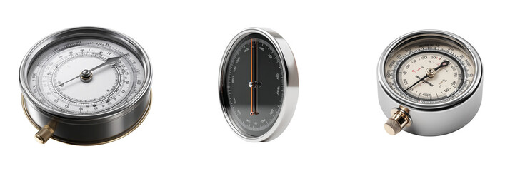 Three vintage analog instruments with metallic casings and detailed dials isolated on a transparent background