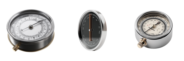 Three vintage analog instruments with metallic casings and detailed dials isolated on a transparent background