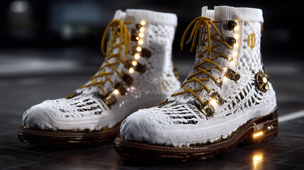 Futuristic white crochet boots with glowing LED lights, metallic accents, and transparent soles on a modern dark floor.
