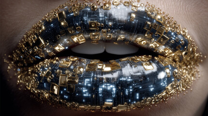 Close-up of glossy lips covered in gold microchips and digital circuitry, blending futuristic beauty and technology.