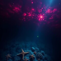 Obraz premium Cosmic coral nebula, a lone starfish poised in oceanic chiaroscuro, diver a distant silhouette beneath a bruised sky, silhouette, blue