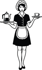 retro 80s style hand drawing of a waitress serving coffee or tea. female barista in vintage style. beautiful woman waiter of a restaurant or coffee shop. vector illustration  