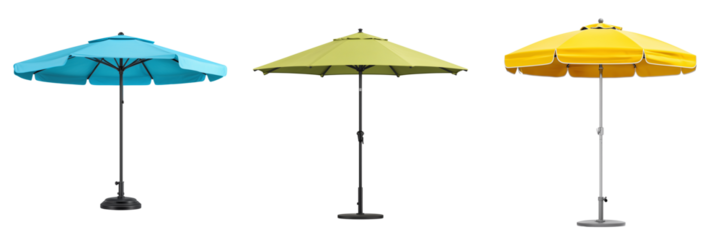 Three patio umbrellas in blue, green, and yellow with stands isolated on a transparent background outdoor