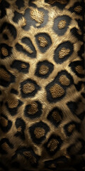 Elegant close-up of a luxurious gold leopard print with textured metallic details and flowing fur effect on a dark background.