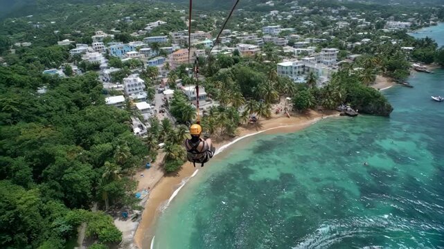 Coastal zipline experience capturing stunning ocean vistas as thrillseekers soar above sandy beaches and turquoise water.