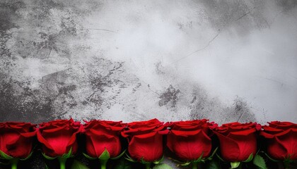 Red roses mock up banner on gray desktop background, top view. Layout for Valentines day, dating and love greeting card, anniversary and invitations 