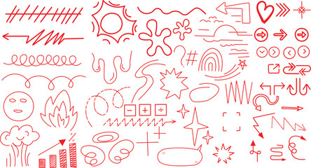 Collection of various hand drawn red doodle icons representing arrows signs shapes and abstract design elements for marking emphasis.