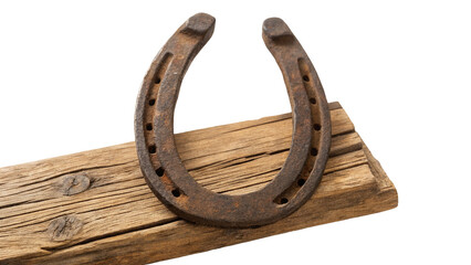 Rusty horseshoe on wooden beam with black background