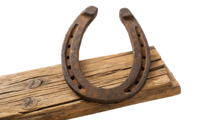 Rusty horseshoe on wooden beam with black background