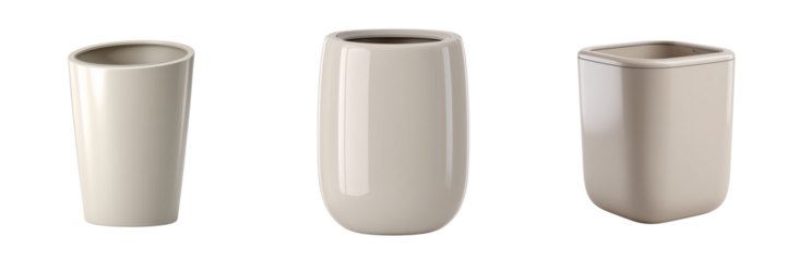 Three beige ceramic planters with different shapes and smooth surfaces isolated on a transparent background