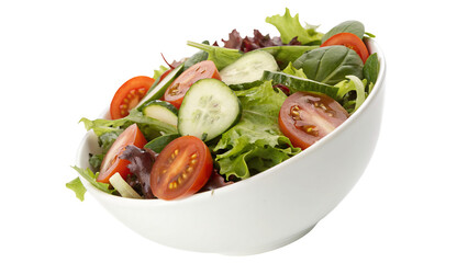 Fresh mixed green salad with tomatoes and cucumbers in white bowl