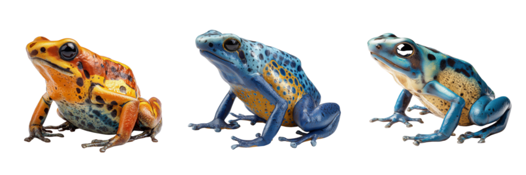 Three colorful poison dart frogs with vibrant orange blue and yellow markings isolated on a transparent background - Powered by Adobe