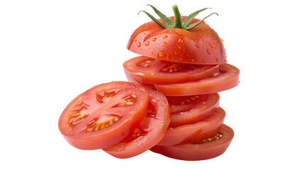 Freshly sliced juicy tomatoes stacked with water droplets