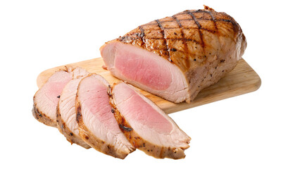 Grilled pork loin sliced on wooden cutting board