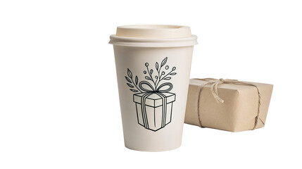 Gift wrapped coffee cup with present design on black background