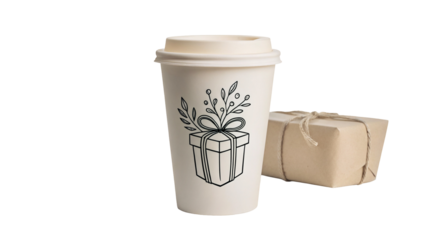 Gift wrapped coffee cup with present design on black background